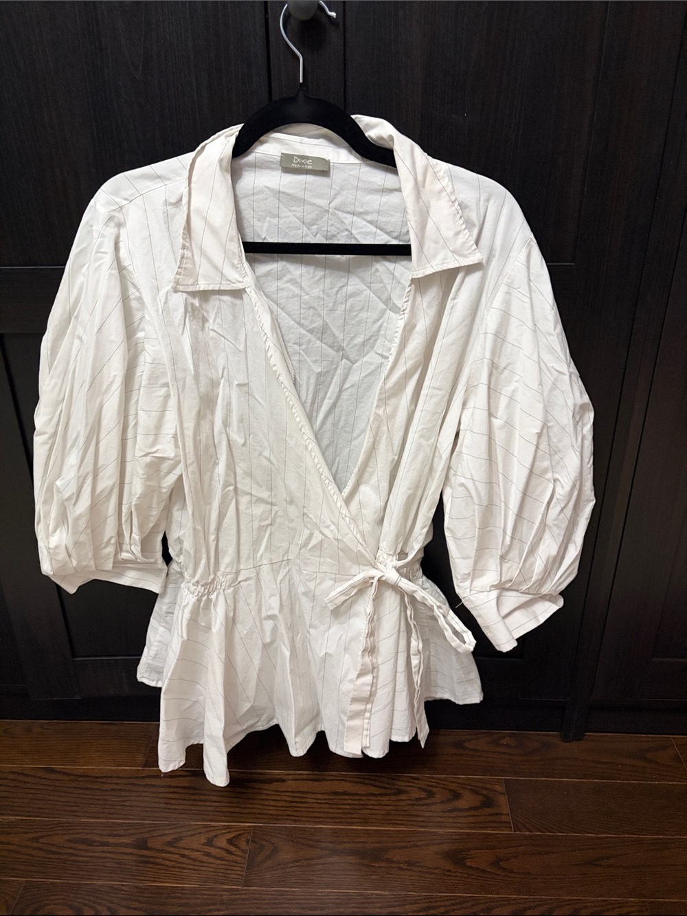 Dixie Cream Wrap Blouse with Tie Waist and Puff Sleeves-Made in Italy